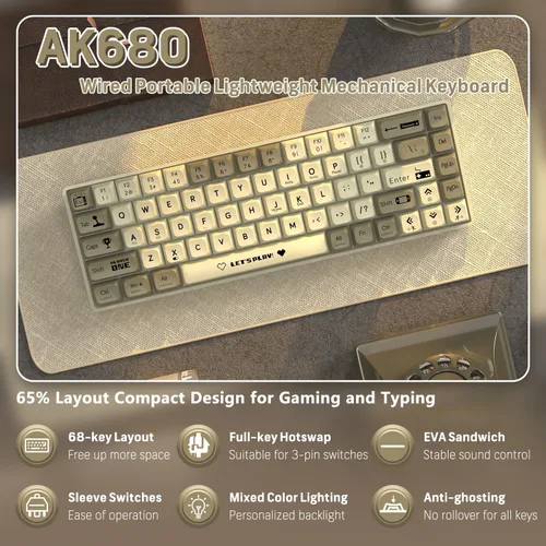 Vista 2 de ATTACK SHARK AK680 - Teclado mecánico para juegos 60% con cable, intercambiable en caliente, retroiluminación RGB arco iris, impresión UV y control