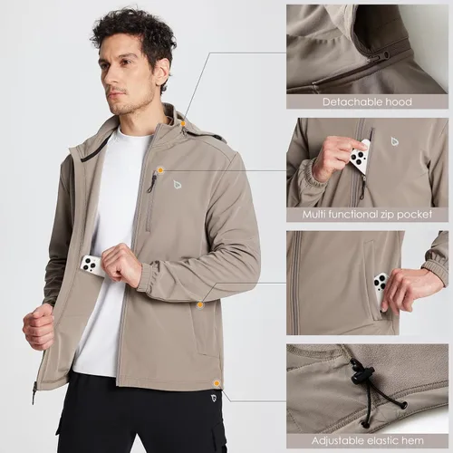 Vista 5 de BALEAF Chaqueta Softshell para hombre, con forro polar, resistente al viento, cálida, para invierno, con aislamiento y capucha extraíble