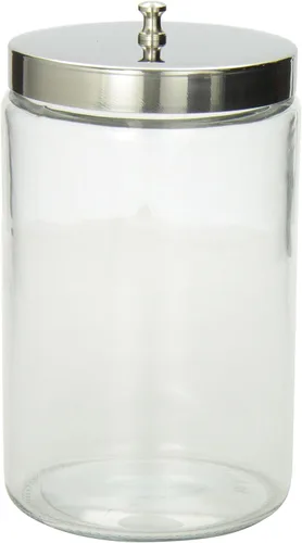 Vista 8 de MABIS Tarro decorativo de vidrio transparente para cocina, baño u organización de lavandería, tarro médico con tapa de metal, 4.1 x 3.9 x 7 pulgadas