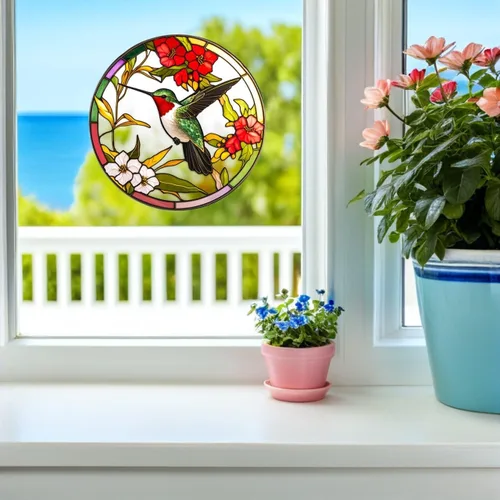 Vista 8 de VOSAREA Adhesivo para ventana de vitrales, diseños de colibríes y pájaros, calcomanías anticolisión, vinilo no adhesivo