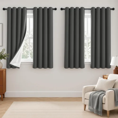 Vista 90 de 2 paneles de cortinas 100% opacas, de peso medio, con aislamiento térmico y ojales para dormitorio, sala de estar, tratamiento de ventana