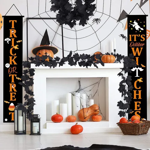 Vista 6 de RECUTMS Guirnalda de hojas de arce de otoño, hojas de otoño negras, guirnalda artificial de otoño, decoración de Halloween, Acción de Gracias