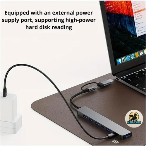 Vista 6 de MERAXES Hub USB-C y USB 7 en 1, adaptador multipuerto de aluminio con puertos USB-C, USB 3.0 y USB 2.0, estación de acoplamiento múltiple USB