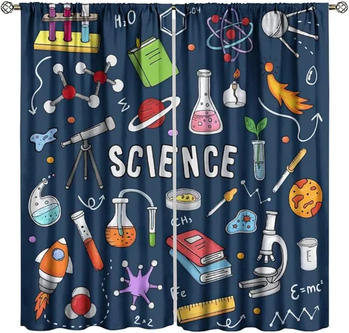 Vista 62 de Cortinas opacas para ventanas de ciencia para niños, lupa de libro de laboratorio de ciencia, lupa, frascos moleculares, cortinas impresas