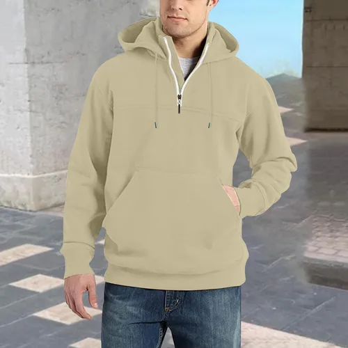 Vista 3 de Sudaderas con capucha de gran tamaño para hombre, casual, con cordón y cremallera de un cuarto, manga larga, ajuste holgado, cómodo, color liso