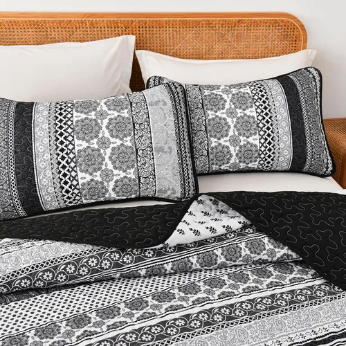 Vista 4 de WONGS BEDDING Juego de Edredón Boho Tamaño Full, Juego de Edredones Bohemios Grises de 3 Piezas, Juego de Ropa de Cama Cubrecama de Microfibra Negro