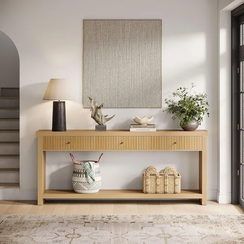 Vista 3 de Tribesigns - Mesa de consola de 70.9 pulgadas con 3 cajones, mesa de entrada extralarga, mesa de sofá de madera con estantes de almacenamiento