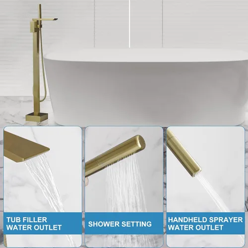 Vista 3 de RUMOSE Llenador de bañera de oro cepillado, relleno de bañera independiente para montaje en el suelo, grifo de bañera de cascada con certificado