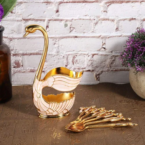 Vista 4 de Juego de cucharas de postre de café, elegante estante de almacenamiento de cucharas con forma de cisne, cucharas de postre de metal sólido