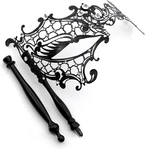 Vista 7 de Thmyo Máscara veneciana de fiesta de Mardi Gras de Halloween con palo de sujeción, máscara de mano con plumas de metal y diamantes de imitación