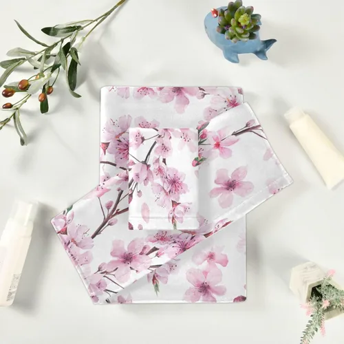 Vista 6 de Pfrewn Juego de 3 toallas de baño con diseño de flores de cerezo con flores de cerezo, toallas de baño suaves y absorbentes, toallas de mano