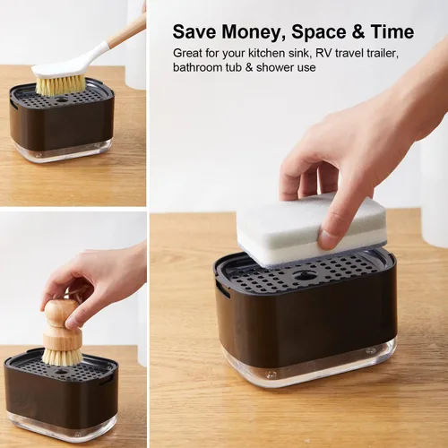 Vista 5 de Dispensador de jabón para platos de 10 onzas para fregadero de cocina con soporte de esponja, dispensador de jabón de cocina de calidad premium