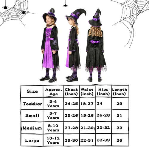 Vista 3 de Disfraz de bruja para niñas juego de bruja de cuento de hadas de Halloween vestido de bruja de Halloween