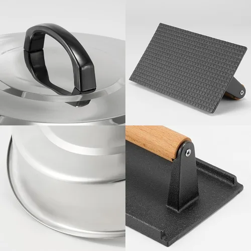 Vista 7 de BBQ Accessories - Cubierta redonda de acero inoxidable de 12 pulgadas, cúpula de fusión de queso, kit de prensa rectangular de hierro fundido