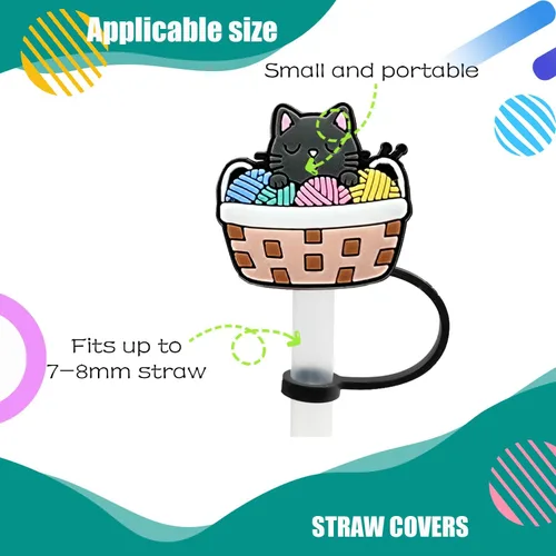 Vista 3 de 8 fundas de popote para popotes reutilizables, lindo estilo gato, tapas de popote de silicona para vasos, cubierta para popote Stanley, fundas