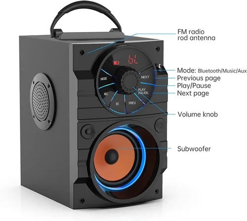 Vista 4 de Altavoz Bluetooth portátil con subwoofer, altavoces inalámbricos, para exteriores/interiores, gran soporte, control remoto, radio FM, tarjeta TF