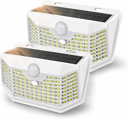 Vista 24 de HMCITY Luces solares para exteriores, 120 LED con 3 modos de iluminación, luces de pared con sensor de movimiento, IP65, impermeable, alimentadas