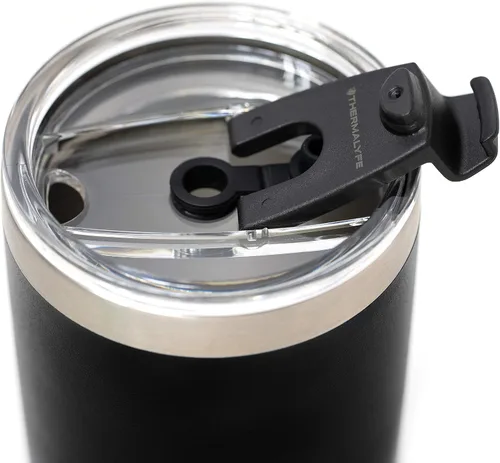 Vista 4 de Tapa de vaso a prueba de derrames con popote de acero inoxidable en ángulo + popote de silicona + cepillo de limpieza para vasos Yeti Rambler u Negro