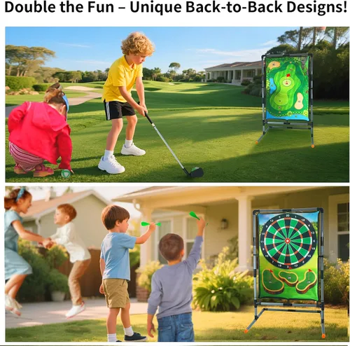 Vista 6 de Juego de astillado de golf con soporte, juego de práctica de golf multideportivo con tiro con arco, hacha, dardos, alfombrilla de golpeo de doble