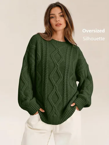 Vista 3 de Trendy Queen Suéteres de punto trenzado de gran tamaño para mujer, trajes Verde militar