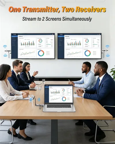 Vista 2 de Transmisor HDMI inalámbrico y 2 receptores con pantalla LCD, decodificación 4K salida de 2K a 60Hz, rango de 492 pies/150 M, Plug & Play, extensor
