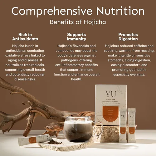 Vista 4 de Yu Tea - Té verde orgánico de Hojicha en polvo, 75 porciones, rico en antioxidantes y EGCG, té verde tostado japonés puro, alternativa baja