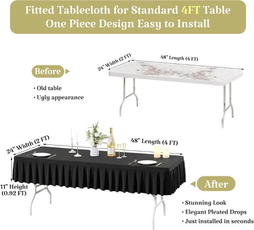 Vista 5 de Mantel de elastano negro para mesas rectangulares de 4 pies, mantel elástico ajustable con falda plisada con volantes para mesa de 48 x 24 pulgadas