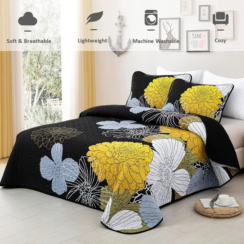 Vista 4 de Juego de colcha de 3 piezas con patrón floral amarillo, tamaño Queen, colcha negra ligera con 2 fundas de almohada para todas las estaciones, juego