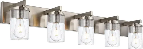 Vista 15 de BONLICHT Lámpara de pared de níquel cepillado de 2 luces con pantalla de cristal transparente, luces industriales de baño para interiores sobre
