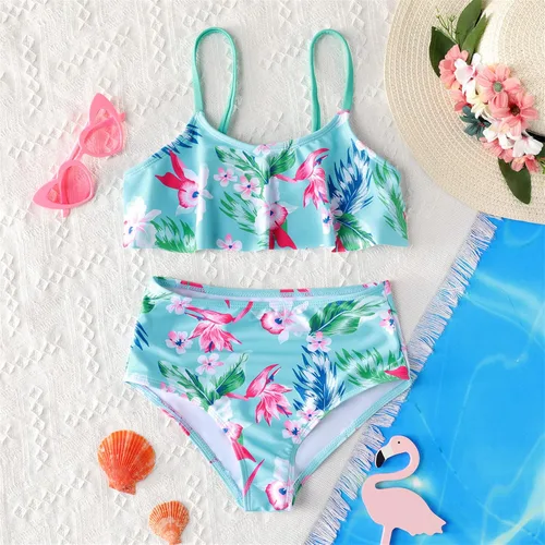 Vista 2 de PATPAT Trajes de baño de dos piezas con estampado floral tropical para niñas, 2 piezas