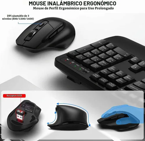 Vista 4 de Combo de teclado y mouse inalámbricos, teclado ergonómico de tamaño completo 2.4G con diseño de teclas onduladas y reposamuñecas, mouse ergonómico