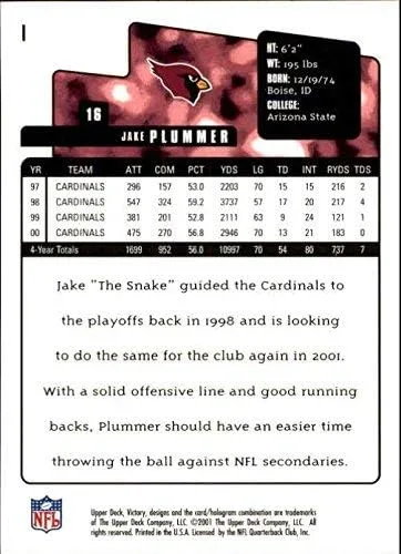 Vista 2 de 2001 Upper Deck Victory #1 Jake Plummer NFL Football Trading Card