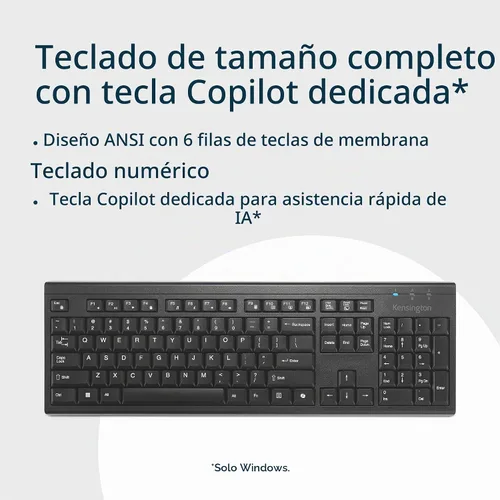 Vista 5 de Kensington KB270 EQ Teclado inalámbrico recargable, tamaño completo, a prueba de derrames, conexión Bluetooth 5.0 y 2.4 GHz, compatible con Windows