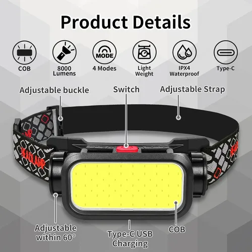 Vista 7 de Foleto - Linterna frontal recargable, 8000 lúmenes COB LED con luz roja