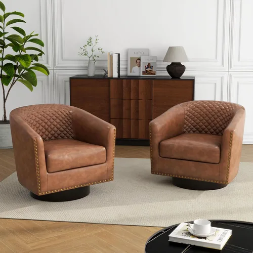 Vista 30 de Silla Barrel de Acento, Silla de Club Tapizada de Piel Sintética con Ribete de Clavos, Cómodo Sillón de Lectura para Sala de Estar Dormitorio Sala