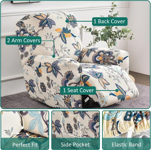 Vista 2 de NILUOH Funda para sillón reclinable, 4 piezas, elástica, estampada, con bolsillo lateral, funda para sofá reclinable, antideslizante, ajustable, 16