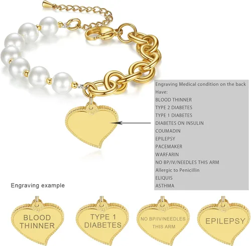 Vista 3 de mnmoom Elegantes pulseras de identificación médica con cuentas de perlas de imitación con corazón de alerta médica para mujer, Metal, no conocido