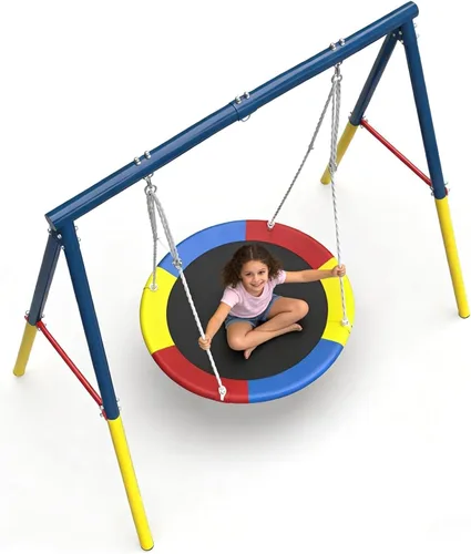 Vista 9 de DECORLIFE Columpio de platillo con soporte de marco en A resistente, juego de columpios para patio trasero, plataforma redonda de capacidad de 260
