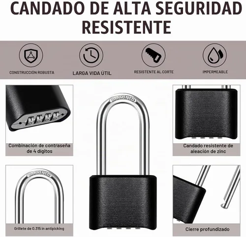 Vista 2 de Cadena resistente y cerradura de combinación para exteriores, cerradura de cadena de puerta con código, candado de grillete largo con cadena