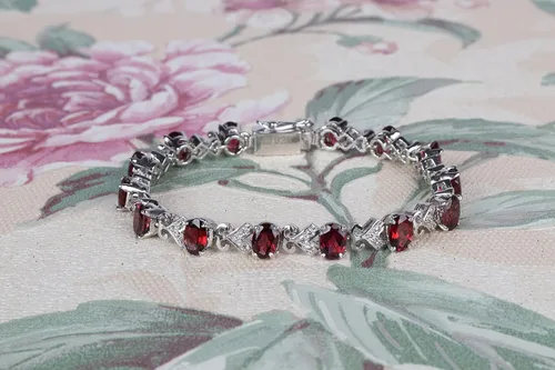 Vista 4 de GEMHUB Pulsera de piedras preciosas de granate rojo de 0.71 oz de forma ovalada de plata de ley de 7 pulgadas con cierre de seguridad, Piedra