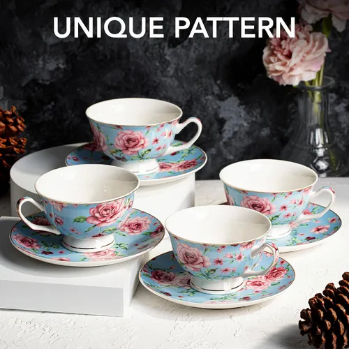 Vista 2 de BTaT- Tazas de té y platillos, diseño floral, juegos de tazas de té de porcelana, aptos para lavavajillas, juego de 4, 8 onzas