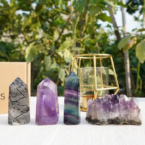 Vista 6 de MIMOSA Varitas de cristal curativo, tamaño pequeño, cristal natural de cuarzo, cristal de amatista, cristal de fluorita arcoíris y turmalina negra