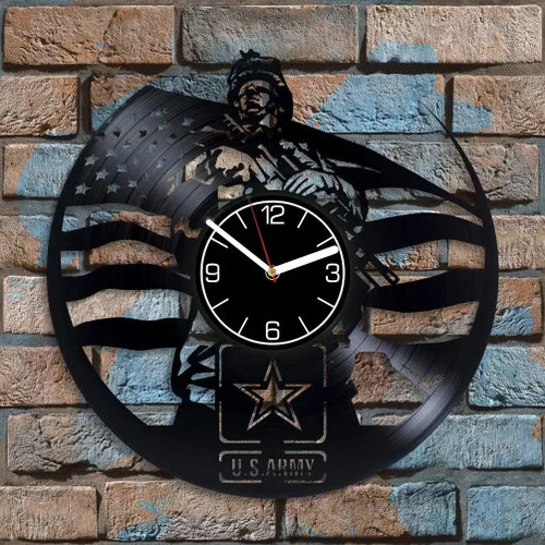 Vista 2 de Reloj de pared de disco de vinilo del ejército de los Estados Unidos, reloj de pared grande con brazo de EE. UU., reloj de vinilo con brazo de EE.