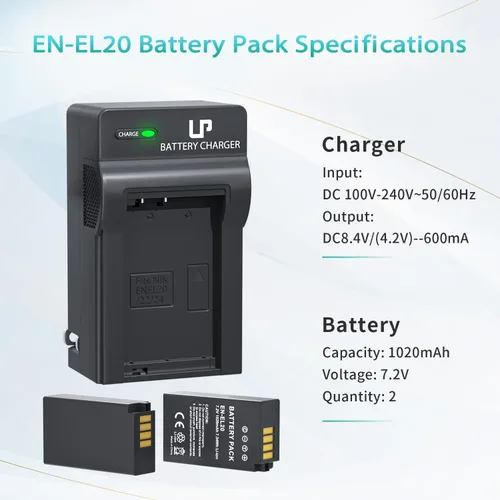 Vista 5 de LP EN-EL20 EN-EL20a Batería y cargador, paquete de 2 baterías de 1020 mAh para Nikon Coolpix P1000, P950, DL24-500, Coolpix A, 1 AW1, 1 J1, 1 J2, 1