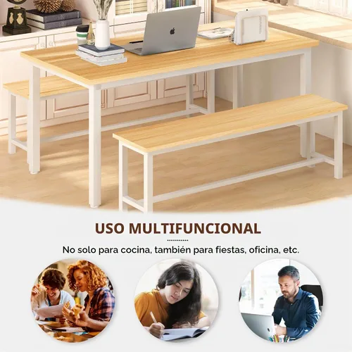 Vista 8 de DKLGG Juego de mesa de comedor para 4, mesa de cocina de 47.2 pulgadas con 2 bancos, juego de mesa de comedor de granja de 3 piezas, comedor que