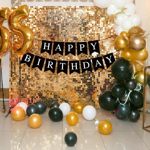Vista 4 de Pancarta Negra de Feliz Cumpleaños Letrero Banderín Guirnalda de Feliz Cumpleaños para Niños Niña Mujer Cumpleaños Decoraciones de Fiesta de Té
