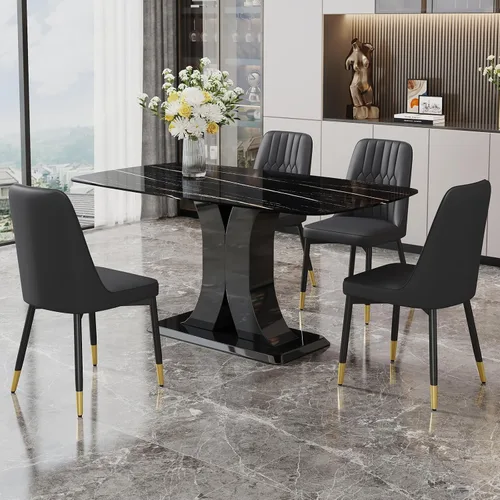 Vista 2 de Moderno juego de mesa de comedor para 4, mesa de vidrio de 63 pulgadas y base de MDF, mesa de comedor de mármol sintético negro con 4 sillas Mesa