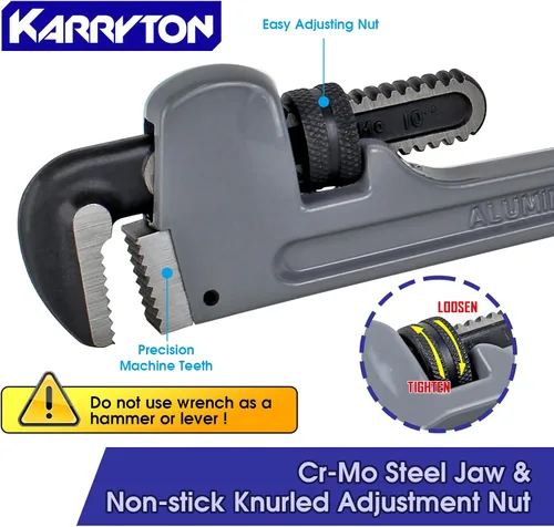 Vista 3 de Llave de tubo de aluminio de 10 pulgadas, 1-5/8"/41mm de abertura de mordaza Cr-Mo ajustable, llaves de fontanería de mango recto resistente