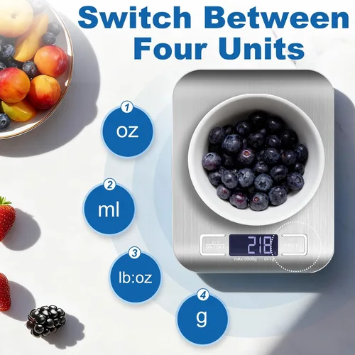 Vista 3 de Báscula digital de cocina para cocina, 0.04 oz de precisión, 11 libras Tare Function, Backlit LCD, Incloud Batteries 304 Stainless Steel 5