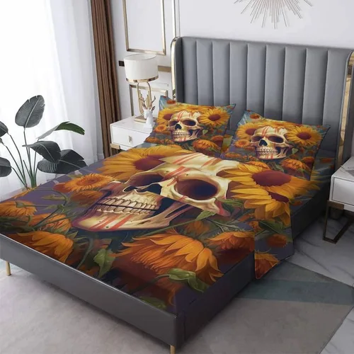 Vista 8 de Juego de sábanas de esqueleto tamaño individual, sábanas de microfibra suave, bolsillo profundo, sábanas y fundas de almohada estampadas sin